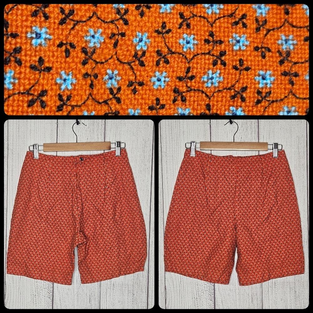 VTG Handmade High Rise Orange with Blue Flower Print Shorts, 27" waist